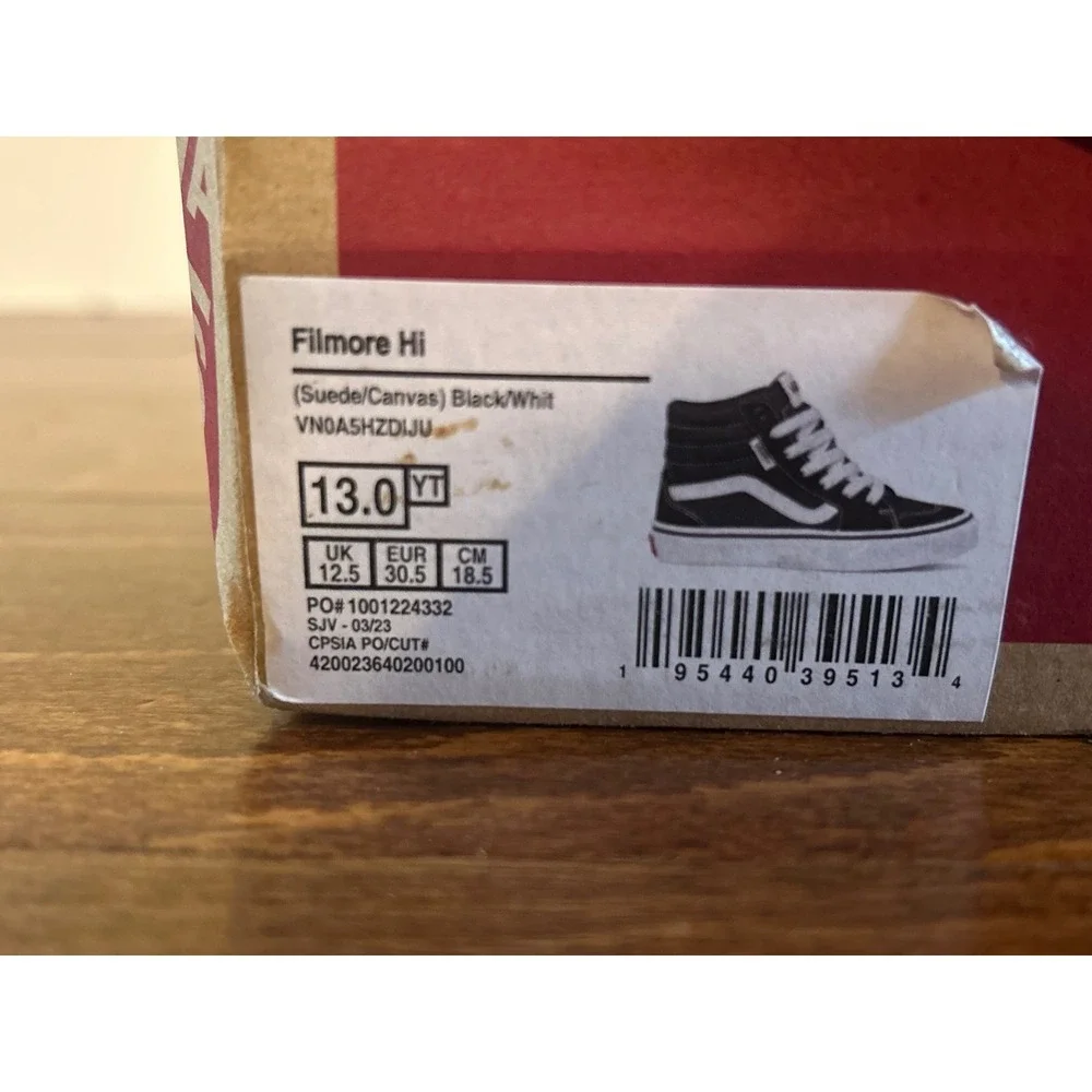 Vans Filmore‎ Hi Kids Shoes Black White Suede Canvas High Top Sneakers Sz 13 NWT